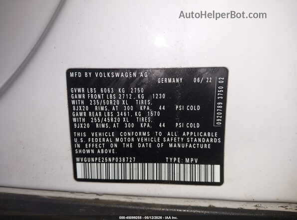 WVGUNPE25NP038727 2022 VOLKSWAGEN ID.4 White Շարժիչի բաժամունքի տեսք