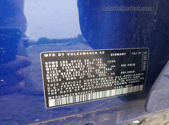 WVGUNPE2XMP063721 2021 VOLKSWAGEN ID.4 Blue VIN კოდის სტიკერის ხედი