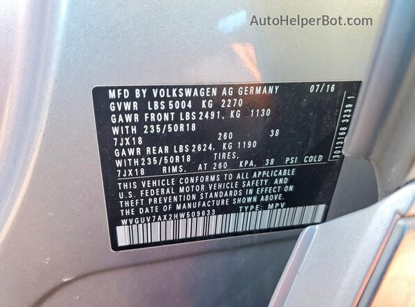 WVGUV7AX2HW509633 2017 VOLKSWAGEN TIGUAN Silver Vista interior de 360 grados