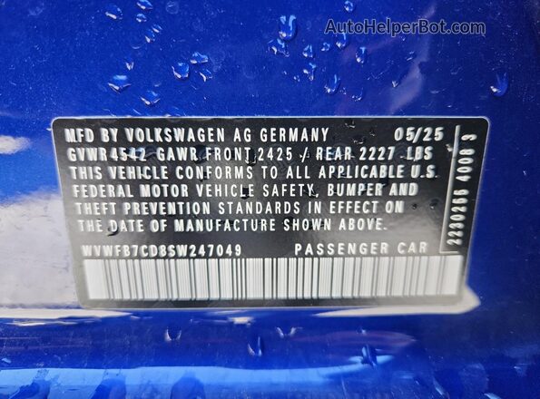 WVWFB7CD8SW247049 2025 VOLKSWAGEN GOLF Blue VIN კოდის სტიკერის ხედი
