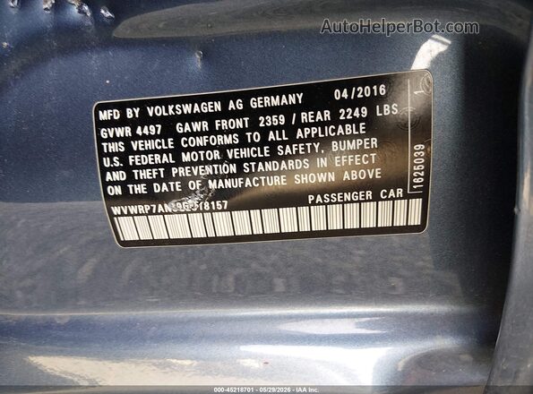 WVWRP7AN9GE518157 2016 VOLKSWAGEN CC Blue Engine compartment view
