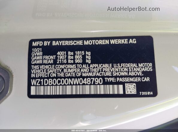 WZ1DB0C00NW048790 2022 TOYOTA GR SUPRA White Вид підкапотного простору