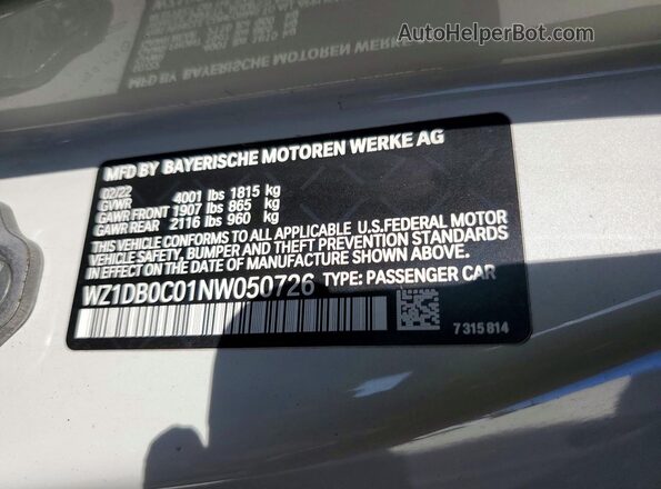 WZ1DB0C01NW050726 2022 TOYOTA GR White Widok naklejki z numerem VIN