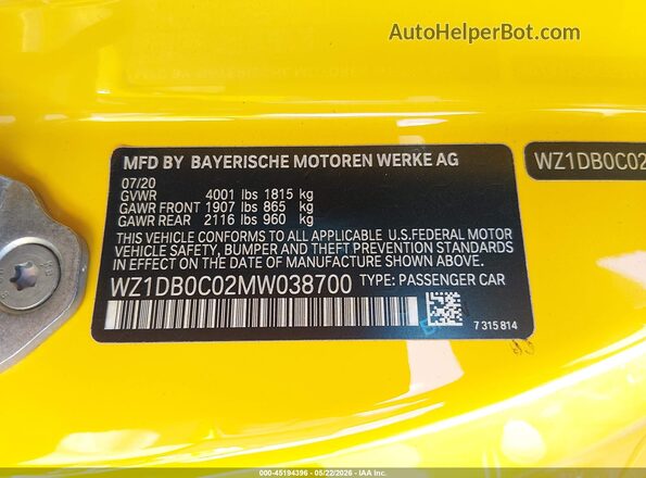 WZ1DB0C02MW038700 2021 TOYOTA GR SUPRA Желтый 