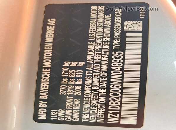 WZ1DB2C06NW048935 2022 TOYOTA GR Silver VIN կոդի պիտակի տեսք