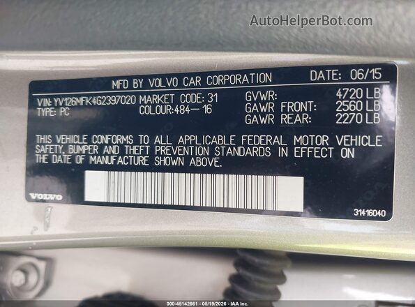 YV126MFK4G2397020 2016 VOLVO S60 Tan Engine compartment view