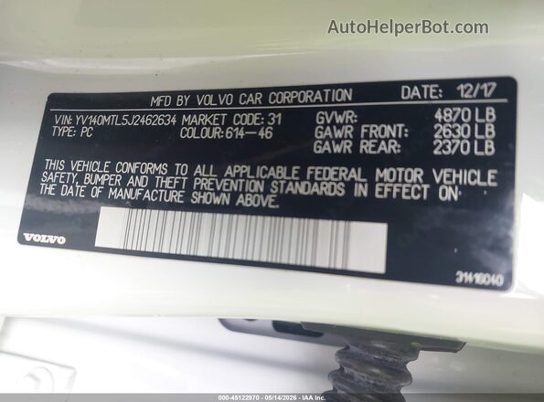 YV140MTL5J2462634 2018 VOLVO S60 White Engine compartment view