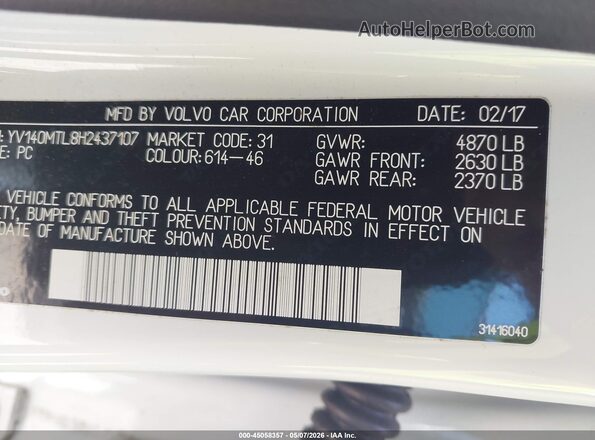 YV140MTL8H2437107 2017 VOLVO S60 White Widok komory silnika
