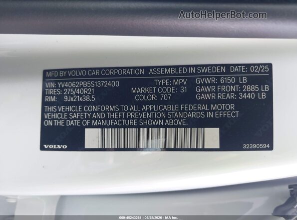 YV4062PB5S1372400 2025 VOLVO XC90 White 