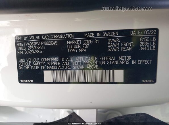 YV4062PV0P1902645 2023 VOLVO XC90 White Vista del compartimento del motor