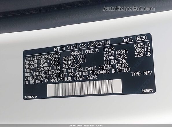 YV4102CK6M1684529 2021 VOLVO XC90 White 