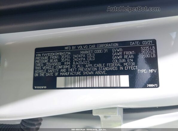 YV4102DK0M1845794 2021 VOLVO XC60 Белый 