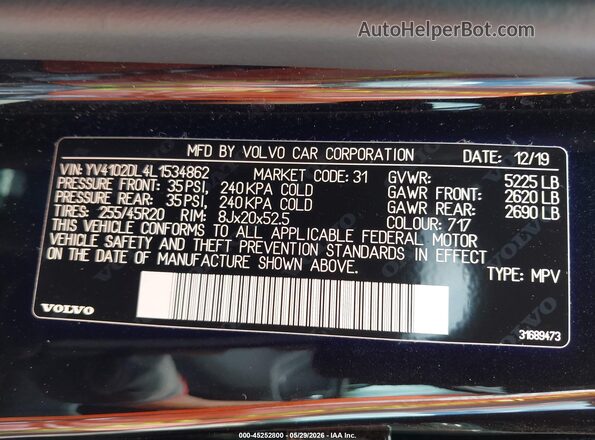 YV4102DL4L1534862 2020 VOLVO XC60 Black Շարժիչի բաժամունքի տեսք