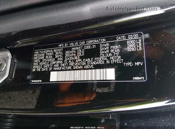 YV4102PK0L1601377 2020 VOLVO XC90 Черный 