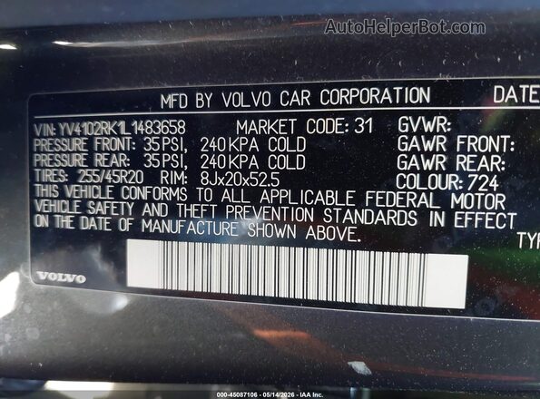 YV4102RK1L1483658 2020 VOLVO XC60 Black Շարժիչի բաժամունքի տեսք