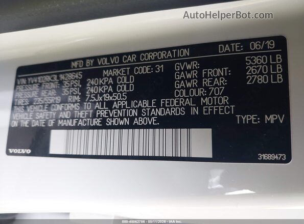 YV4102RK3L1428645 2020 VOLVO XC60 White ძრავის განყოფილების ხედი