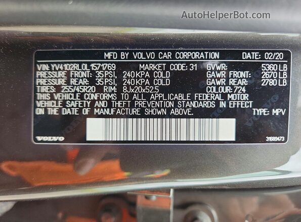 YV4102RL0L1571769 2020 VOLVO XC60 Gray VIN კოდის სტიკერის ხედი