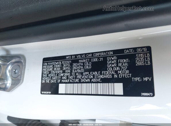 YV4102WK9L1032921 2020 VOLVO V60 CROSS COUNTRY White Widok komory silnika