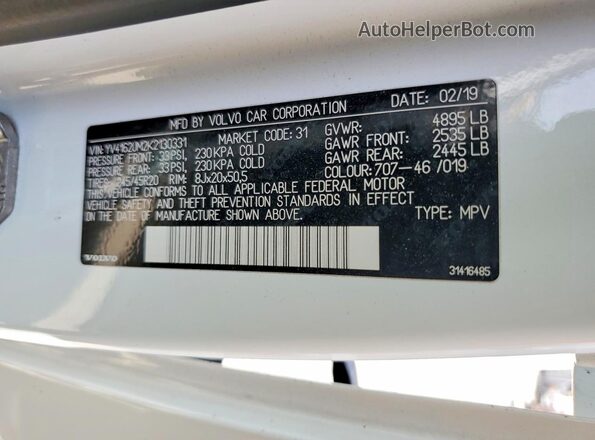 YV4162UM2K2130331 2019 VOLVO XC40 White VIN sticker view