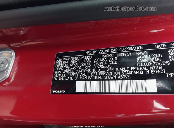YV4162UM8L2264830 2020 VOLVO XC40 Red Vista del compartimento del motor