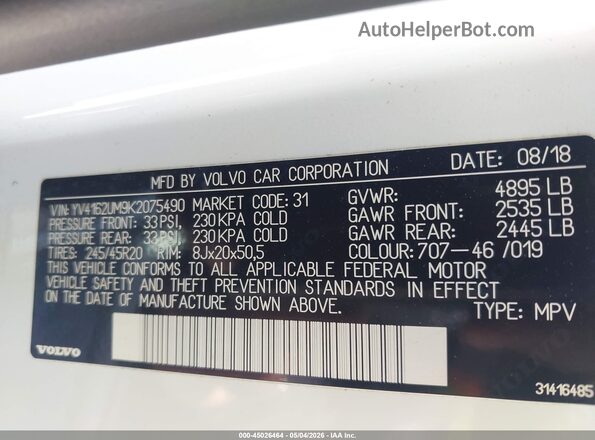YV4162UM9K2075490 2019 VOLVO XC40 White 