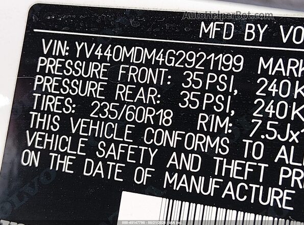 YV440MDM4G2921199 2016 VOLVO XC60 White Vista del compartimento del motor