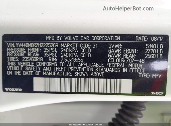 YV440MDR7H2225269 2017 VOLVO XC60 White Widok komory silnika