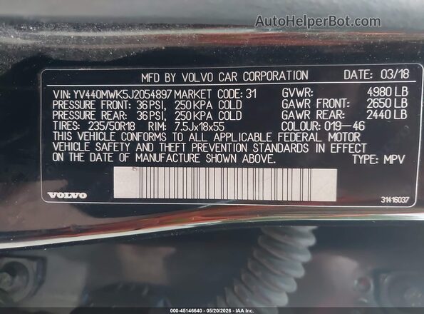 YV440MWK5J2054897 2018 VOLVO V60 CROSS COUNTRY Black VIN sticker view