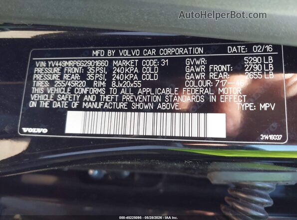 YV449MRP6G2901660 2016 VOLVO XC60 Black Շարժիչի բաժամունքի տեսք