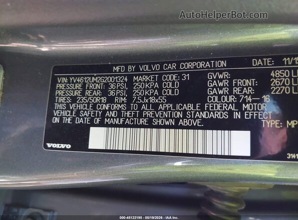 YV4612UM2G2001324 2016 VOLVO S60 CROSS COUNTRY Gray Vista del compartimento del motor
