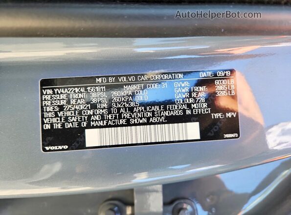 YV4A221K4L1561811 2020 VOLVO XC90 Gray VIN կոդի պիտակի տեսք