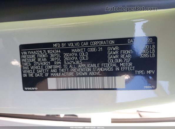 YV4A221L7L1624344 2020 VOLVO XC90 White Вид підкапотного простору