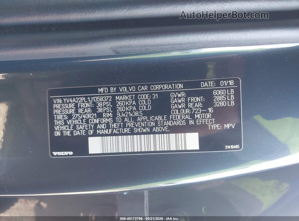 YV4A22PL1J1358372 2018 VOLVO XC90 Синий Вид подкапотного пространства