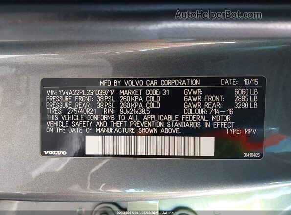 YV4A22PL2G1039717 2016 VOLVO XC90 Gray Widok komory silnika