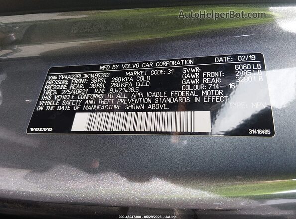 YV4A22PL3K1495282 2019 VOLVO XC90 Gray ძრავის განყოფილების ხედი