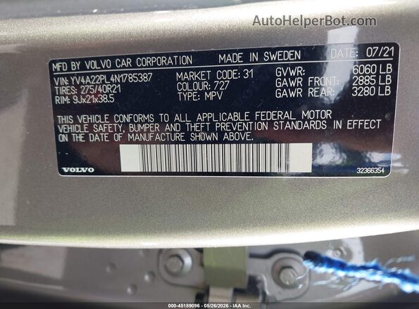 YV4A22PL4N1785387 2022 VOLVO XC90 Brown Vista del compartimento del motor