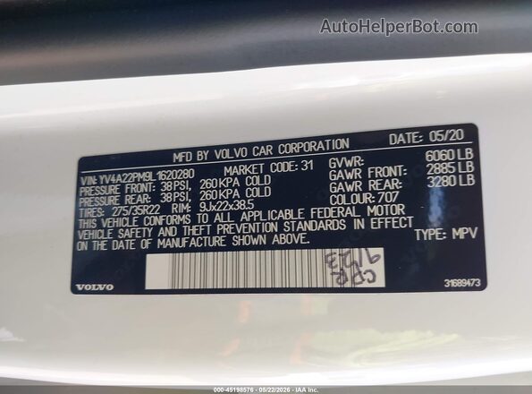 YV4A22PM9L1620280 2020 VOLVO XC90 White Widok komory silnika