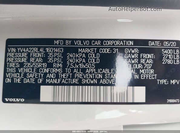 YV4A22RL4L1601463 2020 VOLVO XC60 White 