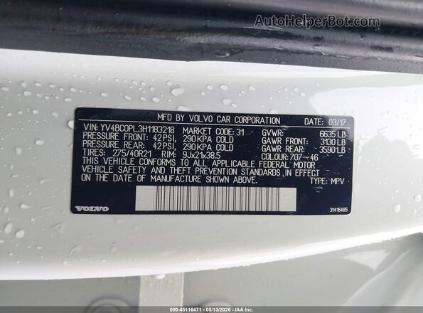 YV4BC0PL3H1183218 2017 VOLVO XC90 HYBRID White Вид підкапотного простору
