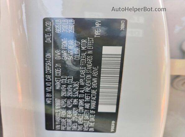 YV4BR0CL5L1618687 2020 VOLVO XC90 White VIN კოდის სტიკერის ხედი