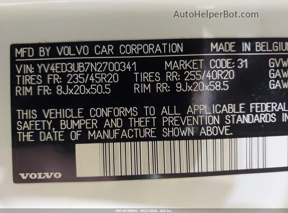 YV4ED3UB7N2700341 2022 VOLVO XC40 RECHARGE PURE ELECTRIC White Вид підкапотного простору