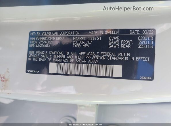 YV4H600Z3N1848677 2022 VOLVO XC90 RECHARGE PLUG-IN HYBRID White ძრავის განყოფილების ხედი
