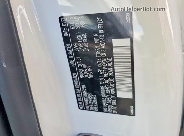 YV4H60CZ8N1832194 2022 VOLVO XC90 White Widok naklejki z numerem VIN