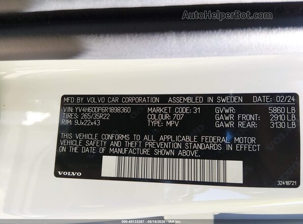 YV4H60DP6R1898360 2024 VOLVO XC60 RECHARGE PLUG-IN HYBRID White ძრავის განყოფილების ხედი
