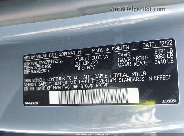 YV4L12PK7P1952122 2023 VOLVO XC90 Синий Вид подкапотного пространства