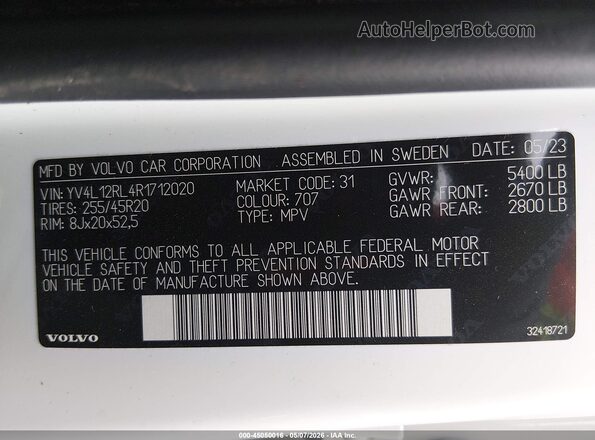 YV4L12RL4R1712020 2024 VOLVO XC60 White Вид підкапотного простору