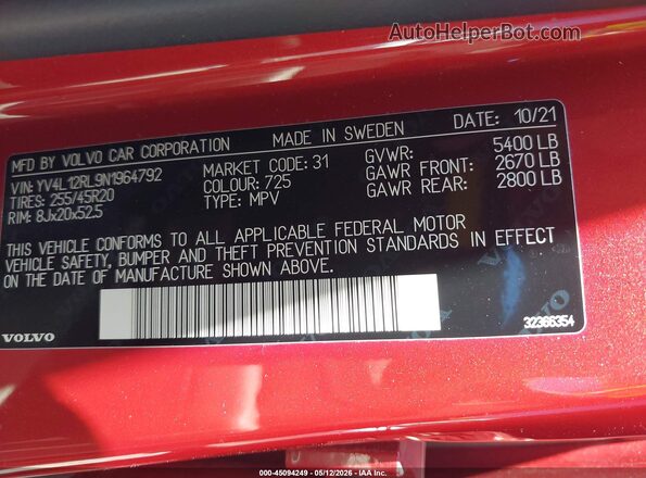 YV4L12RL9N1964792 2022 VOLVO XC60 Red 