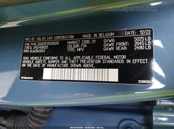 YV4L12UE0P2020028 2023 VOLVO XC40 Champagne Вид підкапотного простору