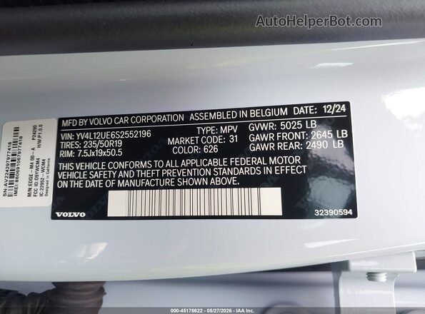 YV4L12UE6S2552196 2025 VOLVO XC40 Blue Вид підкапотного простору