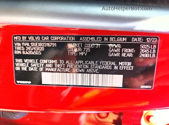 YV4L12UEXR2316791 2024 VOLVO XC40 Red VIN կոդի պիտակի տեսք